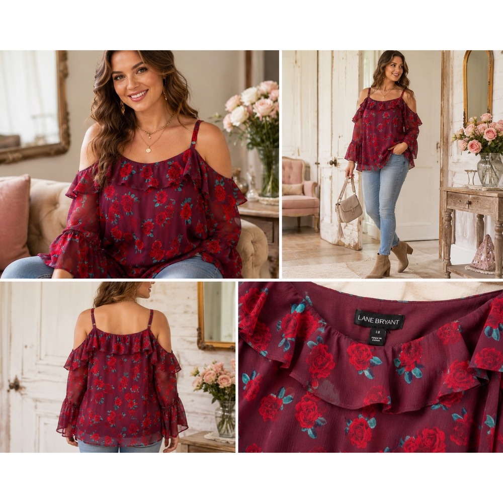 Lane Bryant Red Rose Floral Cold Shoulder Blouse Burgundy Wine Ruffle Top Sz 18